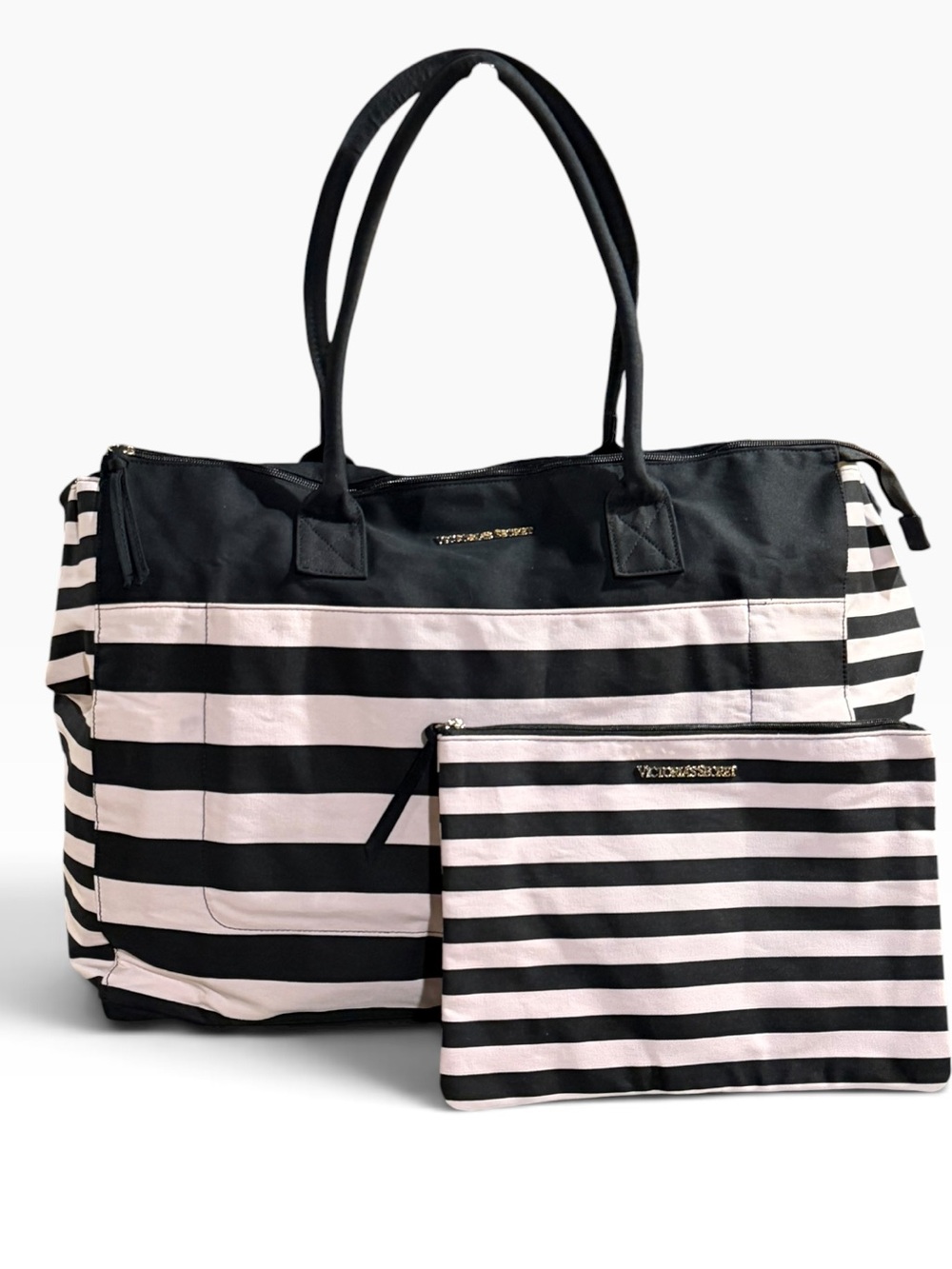 VICTORIAS SECRET PALE PINK &BLACK STRIPED CANVAS TRAVEL GYM BAG WITH ZIP POUCH